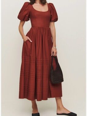 Reformation Rust Puff-Sleeve Midi Dress Size 6